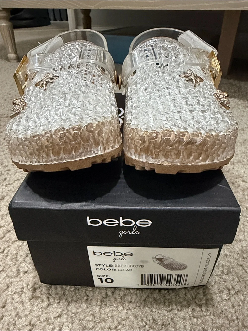 bebe Girls Clear Woven Jelly Platform Mules with Gold Accents